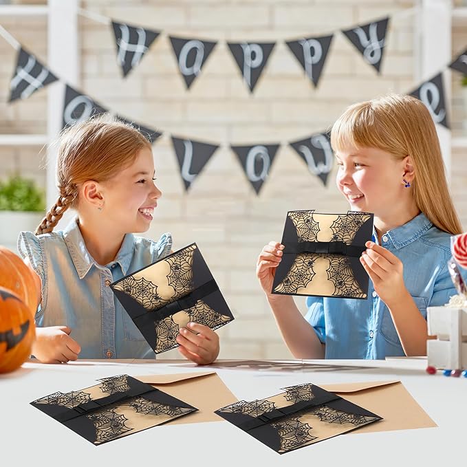 Halloween Party Invitations Cards, 10 Pcs Laser Cut Spider Web Design with Bowknots and Envelopes, Black and White