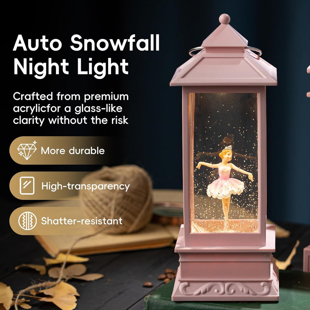 Snow Globe Lantern with Ballet Girl Ballerina – Shatterproof Glitter Snowglobe 10 Songs Music Box Led Light USB & Battery Powered, for Girls Gifts Birthday Home Decor Fall Decoration, Pink