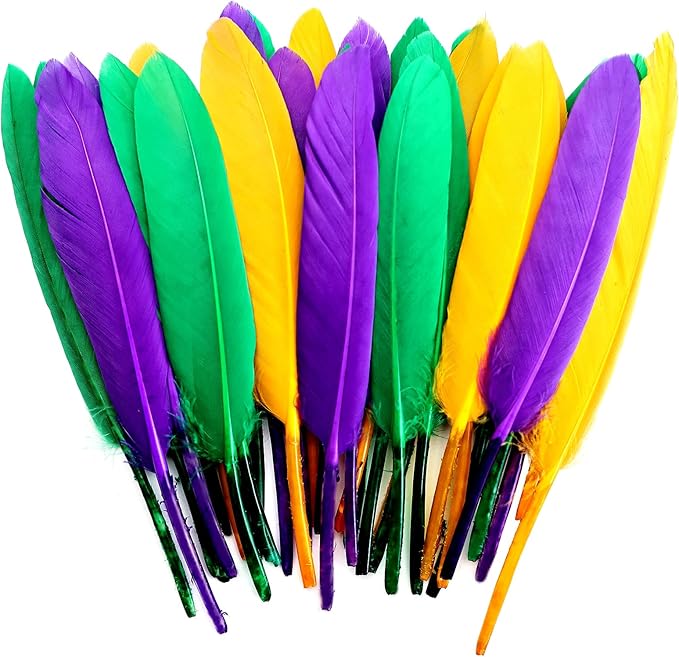 FeelfunFeather 120pcs Mardi Gras Goose Cochettes Feather 4-6 inch Decorative Colorful Purple Golden Yellow Green Feathers Bulk for DIY Crafts Masquerade Carnival Party Decoration