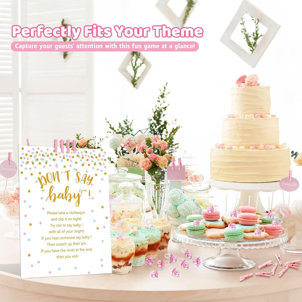 Don't Say Baby Shower Clothespin Game for Girl Includes 8x11 Standing Sign, 60 Mini Pink Clothes Pin, 60 Mini Pacifiers