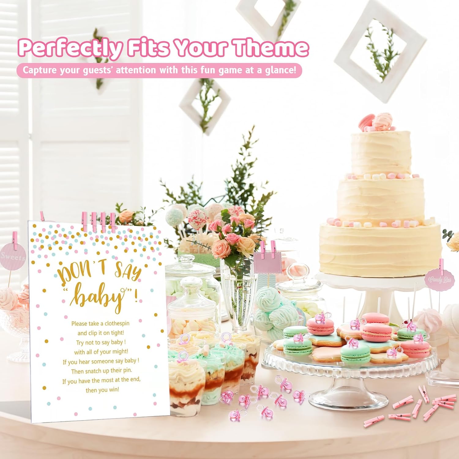Don't Say Baby Shower Clothespin Game for Girl Includes 8x11 Standing Sign, 60 Mini Pink Clothes Pin, 60 Mini Pacifiers