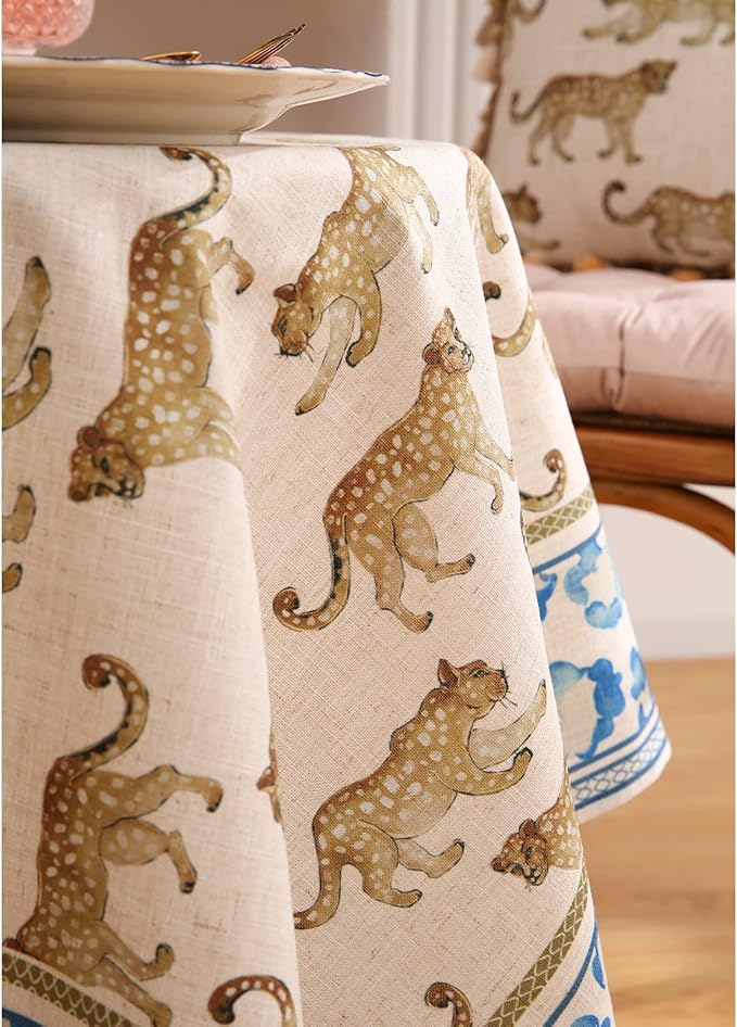 patdrea Designer Vintage Linen Table Cloth for Rectangle Table,Leopard Animal Pattern Soft Breathable Tablecloth,Decor Cover for Kitchen Dining,Christmas,Parties,Thanksgiving,63"x87"-from