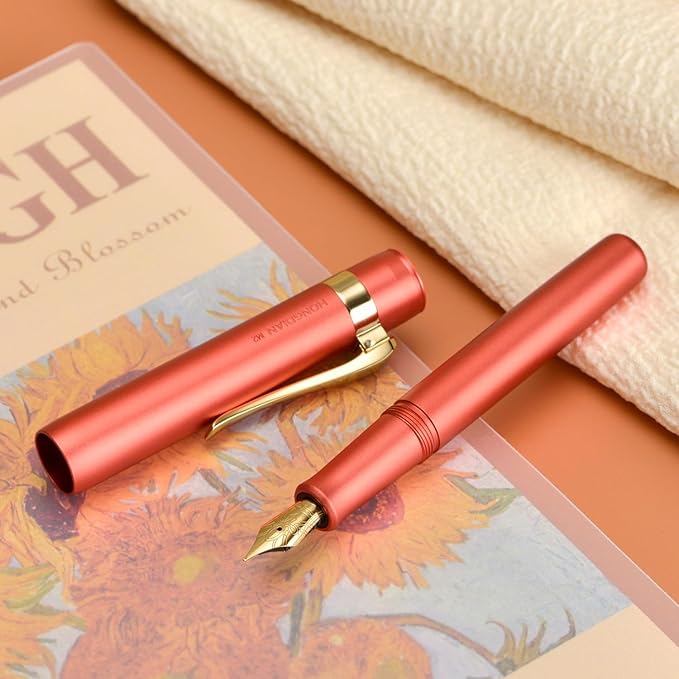 Hongdian M2 Black Forest Mini Fountain Pen, Long Blade Nib & Sleek Shape Aluminium Short Pocket Travel Pen (Orange Red)