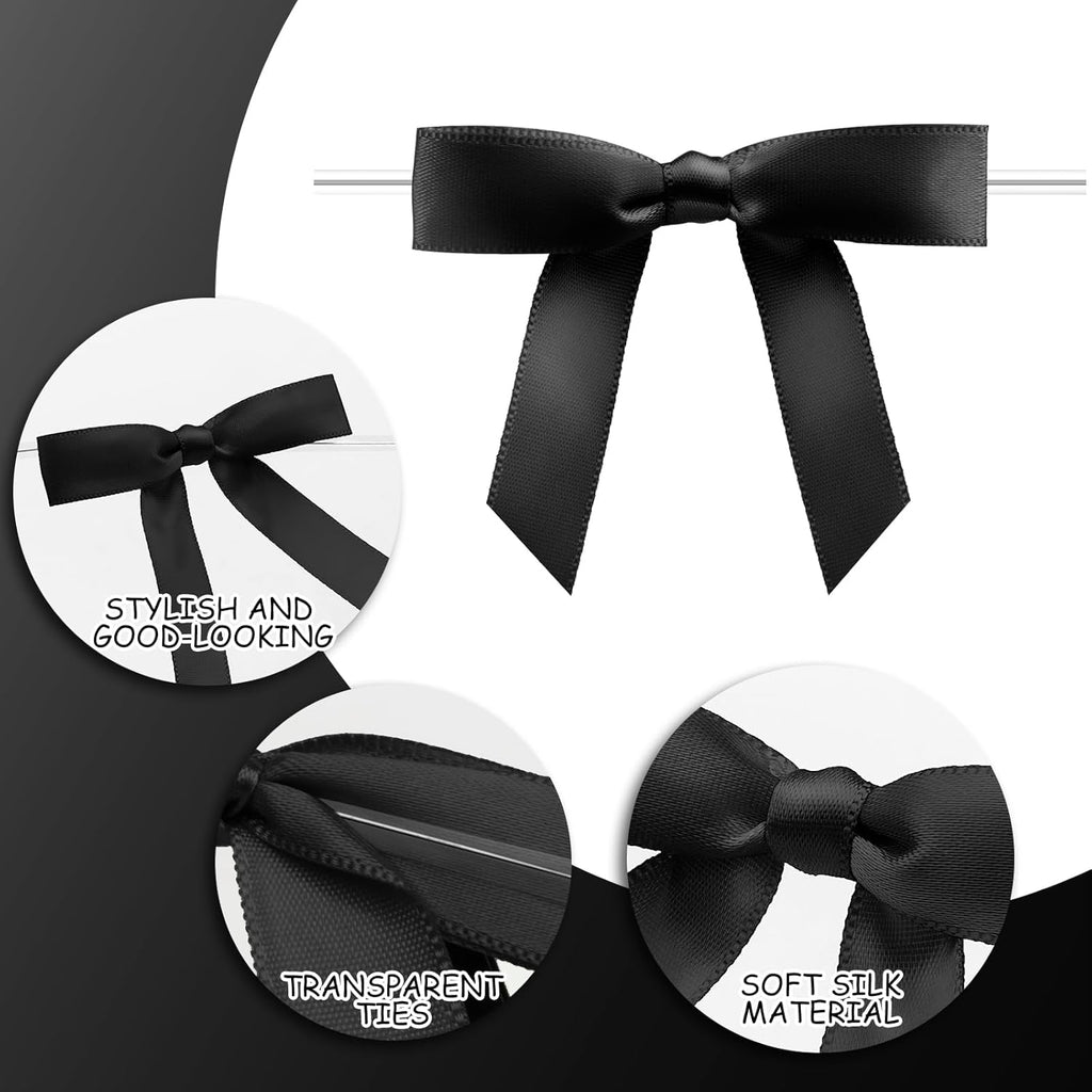 Satin Ribbon Black Bow Decor 2.5" Premade Pink Twist Tie Bows for Gift Wrapping Treat Bags Party Favors Wedding Decorations - 50 Counts