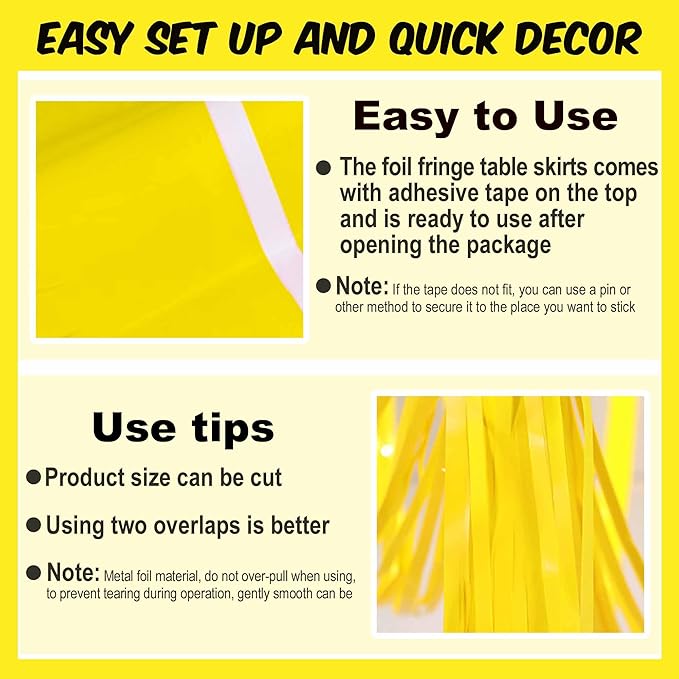 3 Pack 29 x108 Inch Macaron Yellow Foil Fringe Table Skirts Metallic Banner for Tinsel Streamer Garland Backdrop for Parade Floats Mother's Day, Graduate, Birthday, Wedding Party Decoration