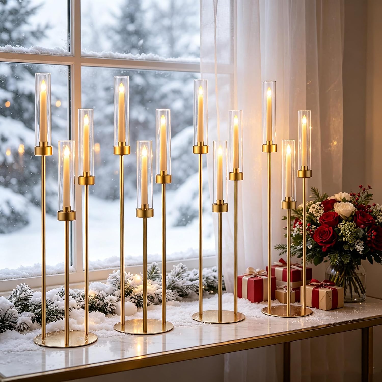 2pcs Gold Candelabra for Table Centerpieces, 33.8'' Tall 3 Arm Candle Holder with Acrylic Lampshade for Wedding Tables, Party, Events, Christmas & Halloween Home Decor, Fit LED Taper Candles