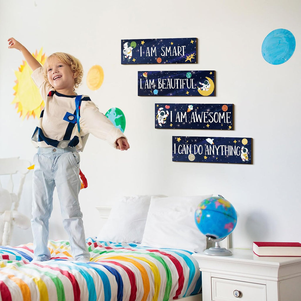 Yookeer 4 Pcs Space Room Decor for Kids Boys Outer Space Wall Art Bedroom Decor for Nursery Classroom Astronaut Galaxy Posters Spaceman Wood Sign Be Brave and Be Kind for Baby Boy(I)