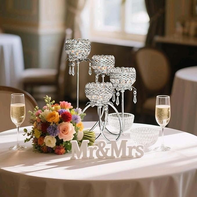 4 Arms Crystal Candelabra Tealight Holder - Tall 15.7 Inch Elegant Centerpiece with Crystal Pendant Bowls & Artistic Metal Stand for Wedding, Dining Table, Home Decor (4, Silver)