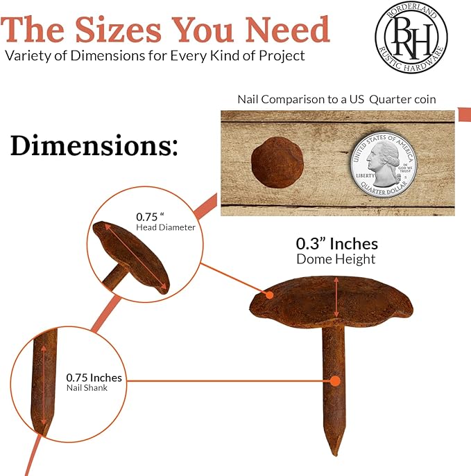10 Pack 0.75" Round Head Iron Clavos Decorative Nails – Rusted – Handmade Rustic Round Fasteners for Farmhouse Shutters, Faux Wood Beams, Barn Doors, Shutters, Gates – Ornamental Wood Accent