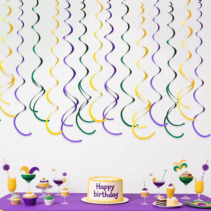 36 Pcs Green Yellow Purple Hanging Swirl Decorations Felt Swirl Streamer Spiral Ceiling Garland Banner for Mardi Gras Masquerade Theme Birthday Baby Shower Wedding Engagement Party Decor Supplies