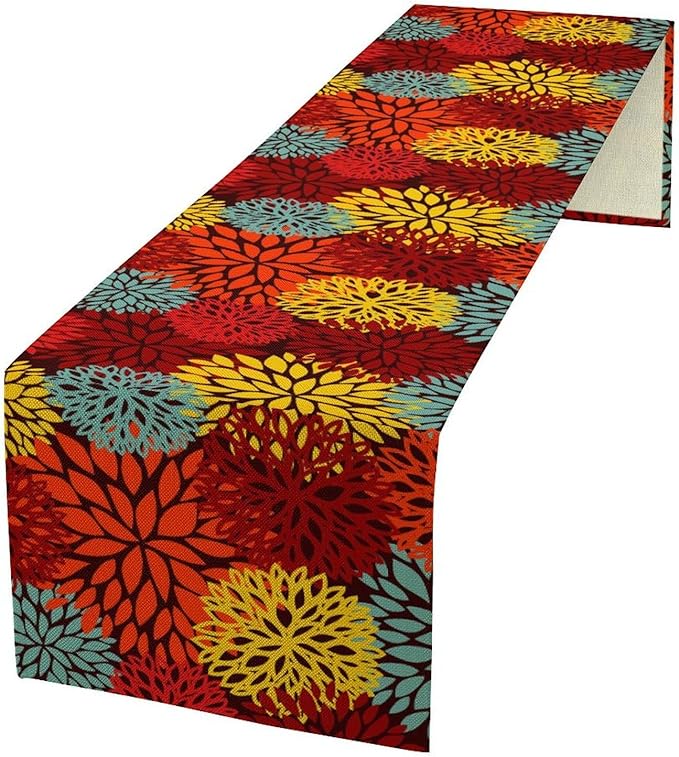 Red Yellow Dahlia Table Runner, Seasonal Autumn Thanksgiving Pattern Print for Home Kitchen Table Decor Dining Coffee Room Party Decor 13x70 Inch