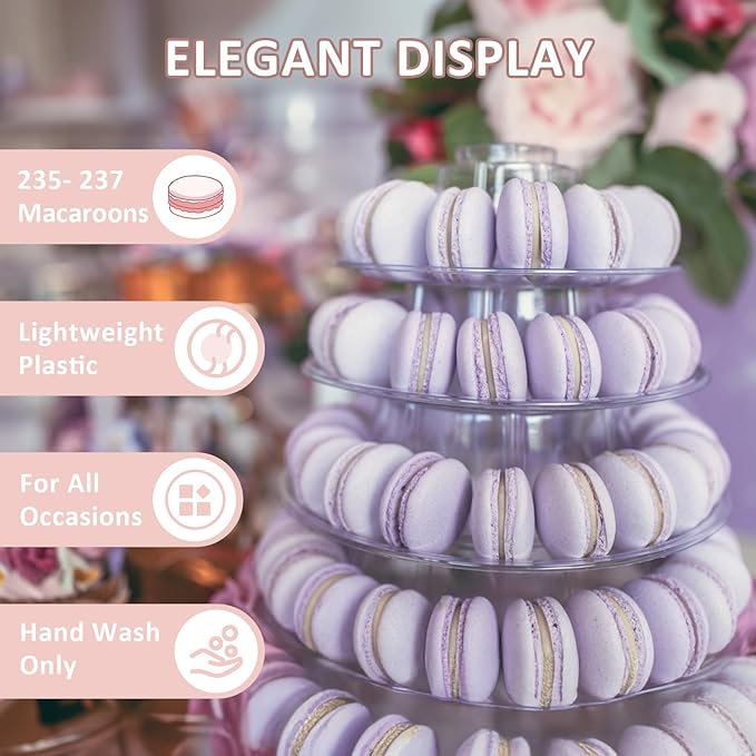 10 Tiers Macaroon Tower Stand with 8'' Silicone Tongs, Round Macaron Tower Cake Display Rack Plastic Cupcake Stand Macarons Desserts Serving Tray for Birthday Wedding Party Decor (10 Tiers with Tongs)
