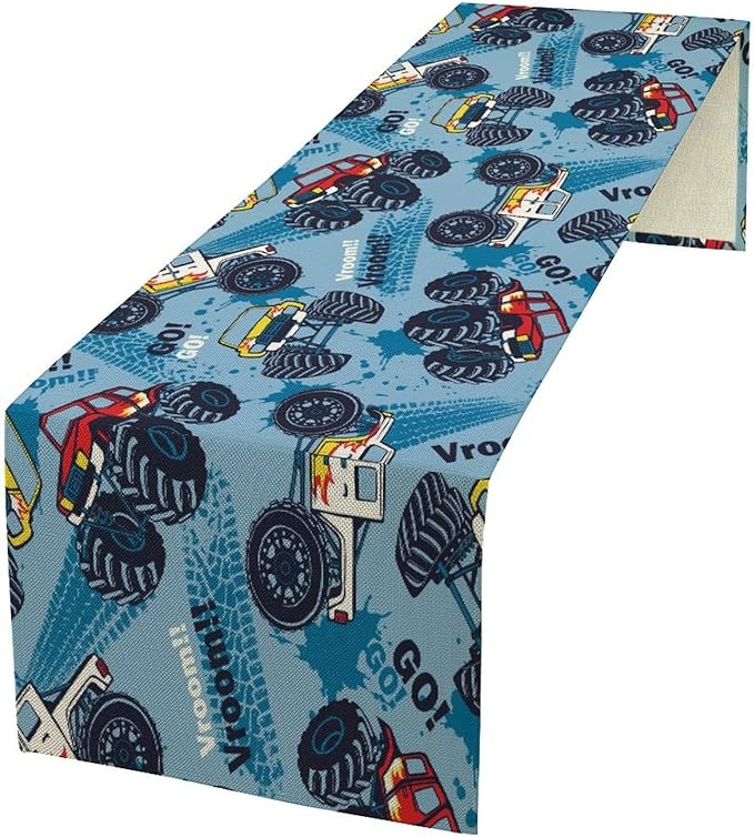 Monster Truck Table Runner,for Kids Boys Cool Colorful Cartoon Blue Cars Pattern Print Tablecloth Burlap for Hotel Indoors Outdoor Dining Room Kitchen Home Decor,W13X L36 in