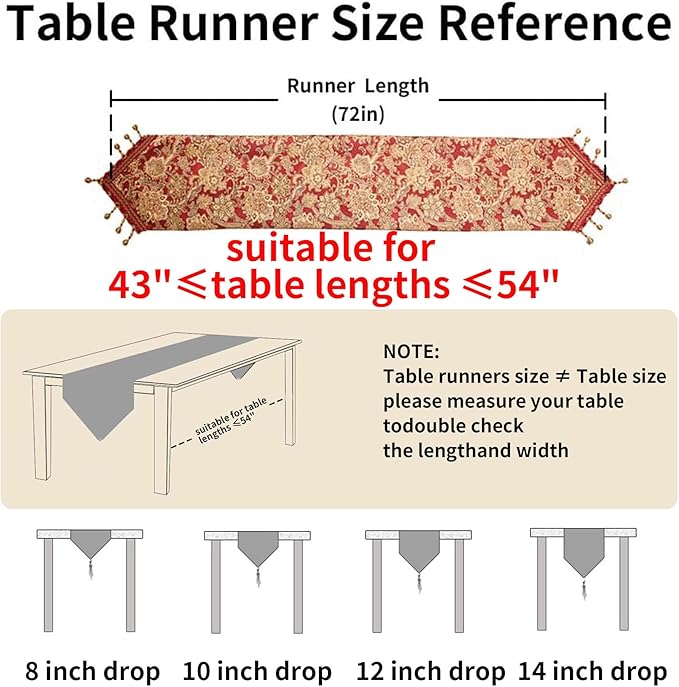 Luxury Vintage Table Runners 72 inches Long Embroidery Jacquard Fabric with Multi-Tassels Table Runners for Dining Room Dresser Wedding Christmas Thanksgiving Party Decorations (Red, 12X72inch)