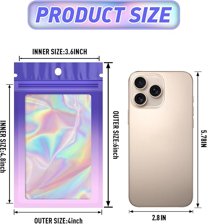 Funfery 100 Pack Holographic Bags,Mylar Resealable Bag with Zipper,Clear Window Packaging Pouch,Foil Bags for Food Storage,Sample Jewelry Baggies(4×6in,Purple Pink)