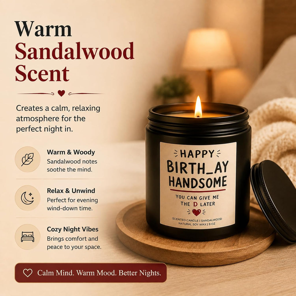 Funny Birthday Gifts for Husband, Boyfriend, Sandalwood Amber Soy Wax Candle for Him, Cheeky Birthday Gift for Men, 9 oz Black Jar Candle