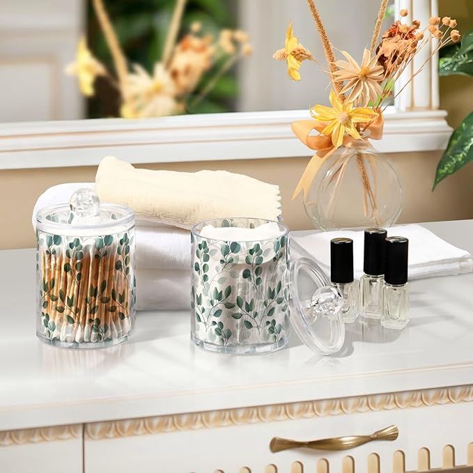 Qtip Holder Dispenser 2 Pack Green Watercolor Floral Leaves Apothecary Jars with Lids Bathroom Vanity Countertop Canister Storage Organizer for Cotton Ball,Swabs,Pads,Floss