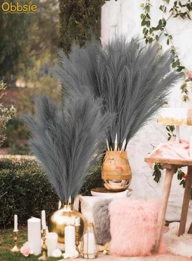 35" Faux Pampas Grass Decor Grey, 8pcs Large Tall Fluffy Artificial Pompous Grass Branches Floral Fake Pompas Grass Bulrush Floor Vase Filler Flower Arrangement for Home Wedding Boho Decor