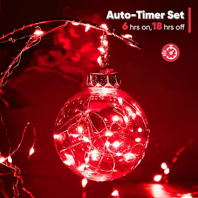 2 Pack 32.8 Ft. Battery Operated Outdoor String Lights with Remote & Timer, LED Red Fairy Lights, Waterproof Twinkle Lights for Bedroom, Dorm, Mason Jar, Wedding, Party, Christmas