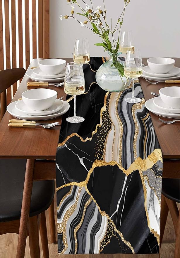 Geometric Black Marble Cotton Linen Table Runner for Dining Kitchen, Wedding Outdoor Party Tablerunners Decoration, Farm Marble Liquid Ripple Abstract Dresser Scarf Coffee Tablecloth Runners 13''x90''