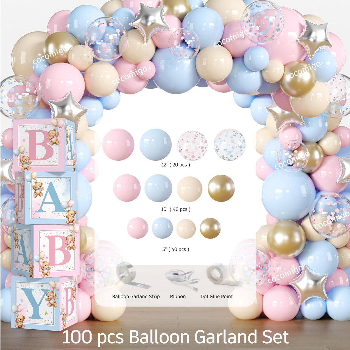 cocomigo 232pcs bear gender reveal decorations complete party, front angle view