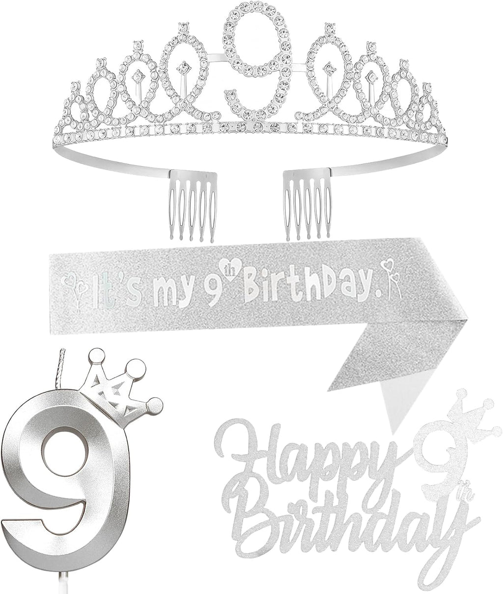 Silver Birthday Party Decorations Including Birthday Crown/Tiara, Sash, Number 9 Candle and Cake Toppers, 9 Year Old Birthday Gift Ideas