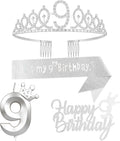 Silver Birthday Party Decorations Including Birthday Crown/Tiara, Sash, Number 9 Candle and Cake Toppers, 9 Year Old Birthday Gift Ideas