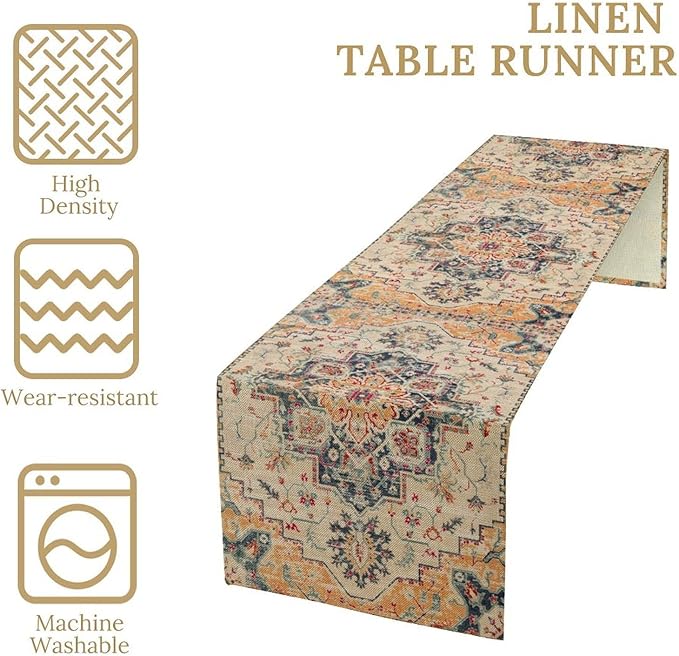 Bohemia Orange Table Runner, Rustic Farmhouse Vintage Geometric Floral Print Table Cover for Home Kitchen Dining Table Party Decor, 13x36inch