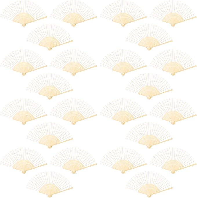 URATOT 24 Pieces White Folding Fans Silk Bamboo Folding Fans Handheld Fan for Wedding, Party Decoration