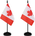 Canada Canadian Deluxe Desk Flag Set Small Mini Miniature CA Canadian Table Desktop Flags With Solid Pole, Black Base and Spear Top(2 Pack)