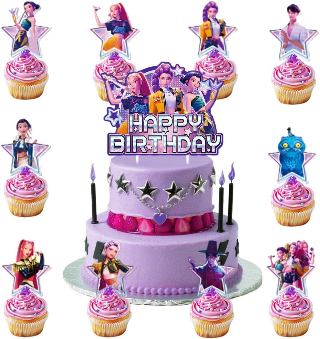 Demon Movie Hunters Birthday Cake Topper, Cute Anime Cake Decorations Include 1Pcs Happy Birthday Cake Topper and 20Pcs Cupcake Topper for Cartoon Party Decorations
