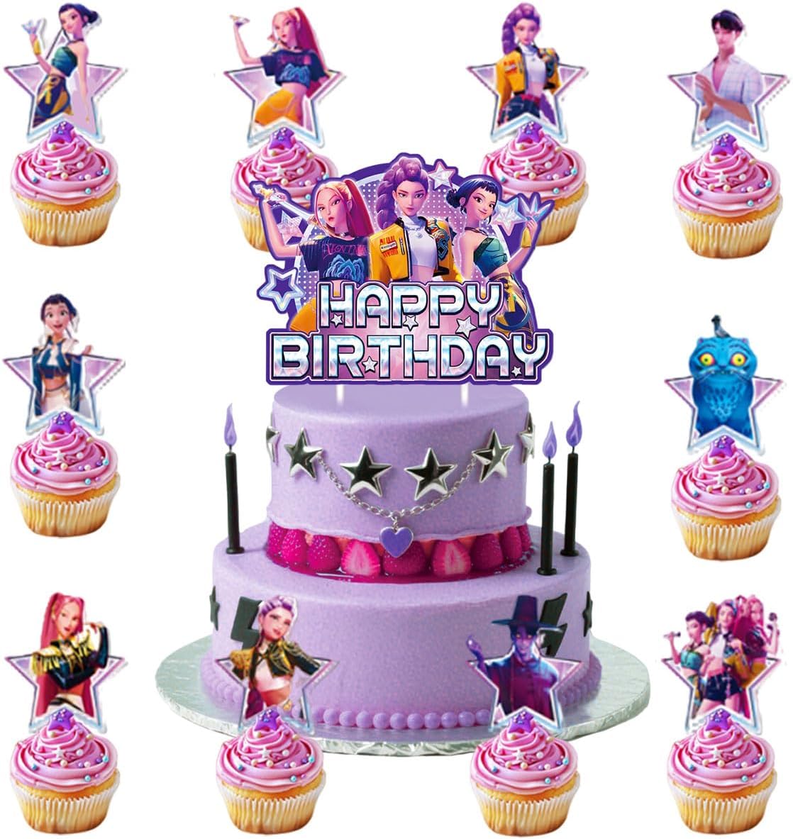 Demon Movie Hunters Birthday Cake Topper, Cute Anime Cake Decorations Include 1Pcs Happy Birthday Cake Topper and 20Pcs Cupcake Topper for Cartoon Party Decorations