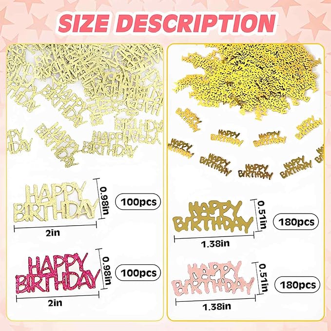 560 PCS Glitter Happy Birthday Confetti, Rose Gold Table Decorations, Iridescent Metallic Foil for DIY Crafts Festive Table Decoration
