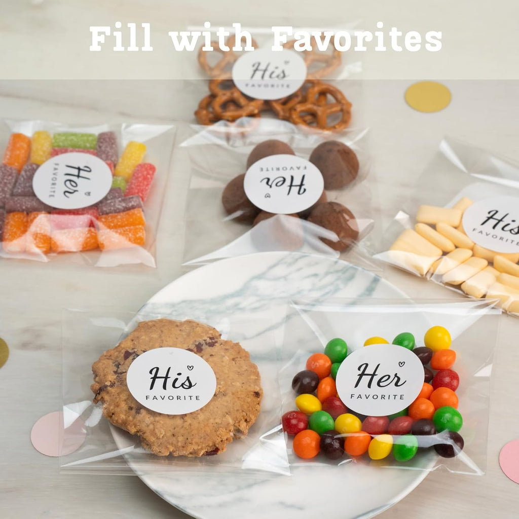 His Favorite Her Favorite Stickers (50 + 50) with 100 Clear Gift Bags – Perfect Wedding Party Favors, Guest Welcome Bag Stuffers, Bridal Showers & Engagements