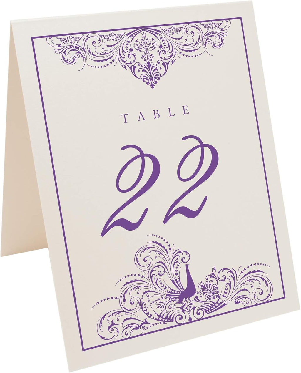 Peacock Flourish Table Numbers, Purple, 1-90 | Double Sided Tent or For Use in a Stand - Wedding Receptions, Special Events, Parties, and Restaurants - Made in the USA