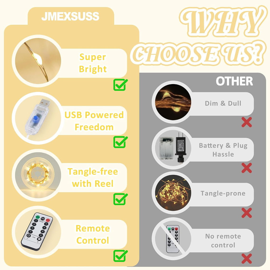 JMEXSUSS USB Fairy Lights for Bedroom,33ft 100 LED Classroom Lights Plug in | Mini Twinkle Lights with Remote,Indoor String Lights for Dorm Girl's Room Birthday Party Decor, Silver Wire, Warm White,Timer