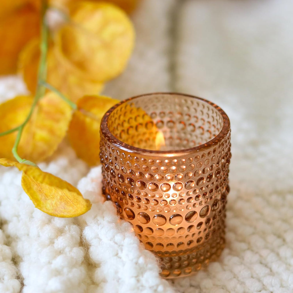 WDHODEC Brown Green Glass Tealight Candle Holders Set of 24 - Hobnail Vintage Votive Holders for Fall, Winter Wedding, Christmas Table Centerpiece Decor