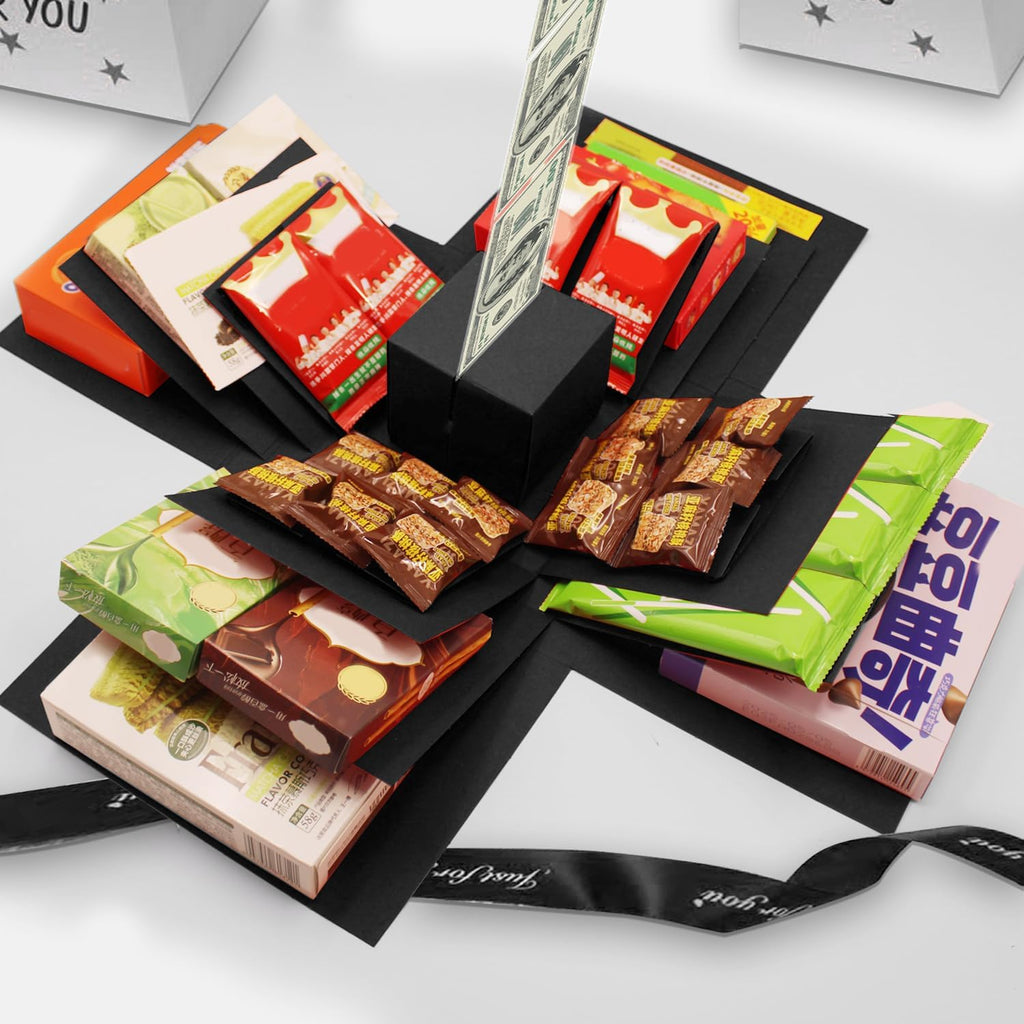 Romiona 5-Layer creative explosion gift box, gift wrap box (Black, Square) | Create a 5-Layer of gifts by yourself. An ideal, mysterious self-made gift for birthday, Christmas and anniversaries.