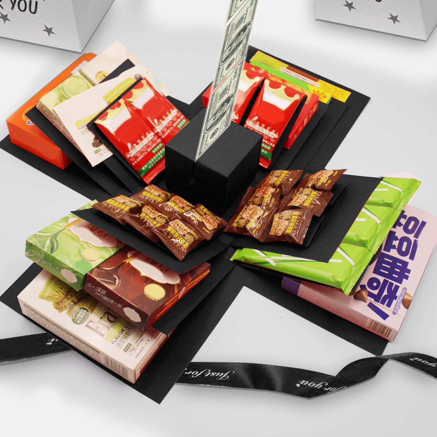 Romiona 5-Layer creative explosion gift box, gift wrap box (Black, Square) | Create a 5-Layer of gifts by yourself. An ideal, mysterious self-made gift for birthday, Christmas and anniversaries.