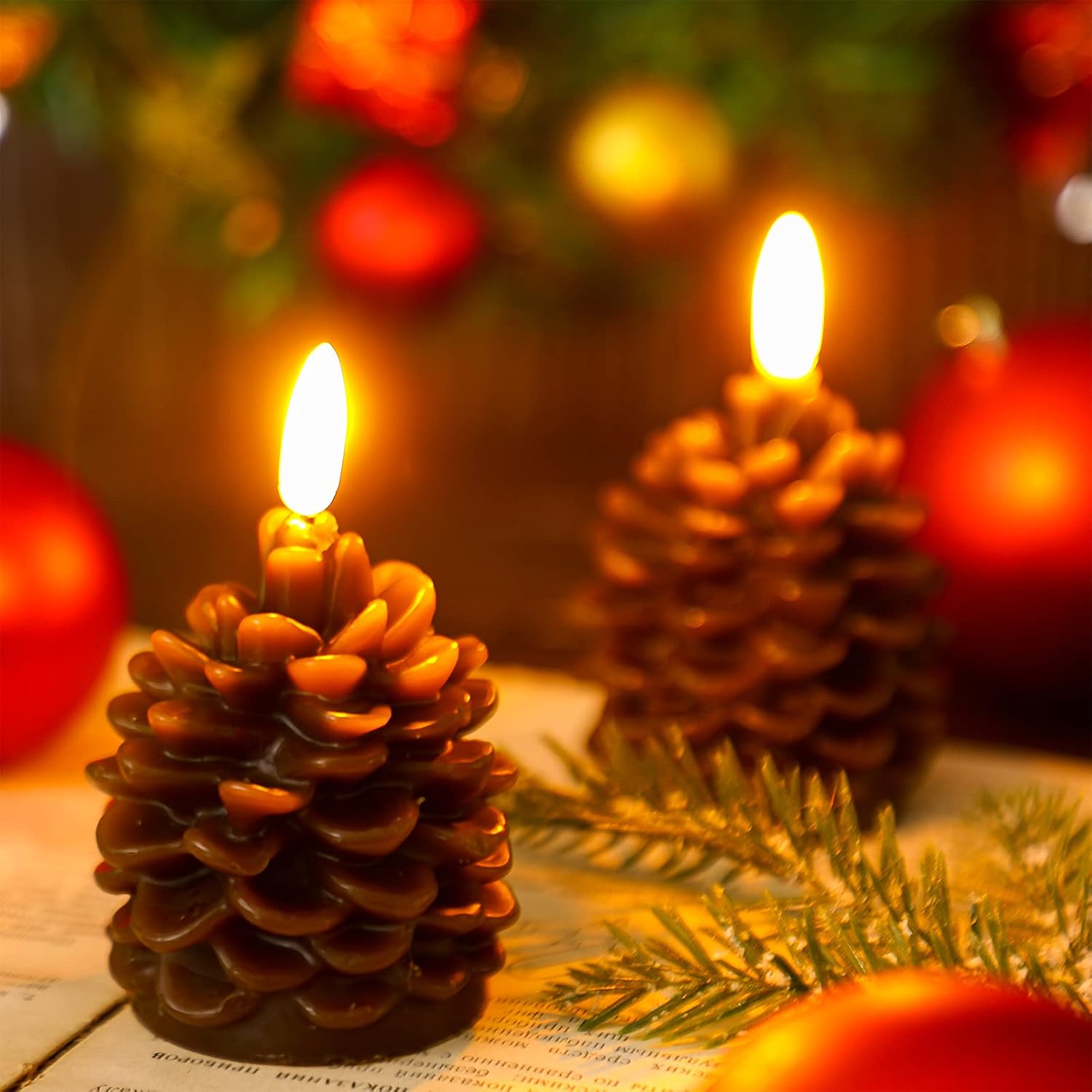 Hortsun 4 Pieces Christmas Pinecone Candles Flameless Acorn Decor LED Pinecone Candle Decor Real Wax Unscented Battery Operated Candle for Thanksgiving Christmas Winter Holiday Decoration(Brown)