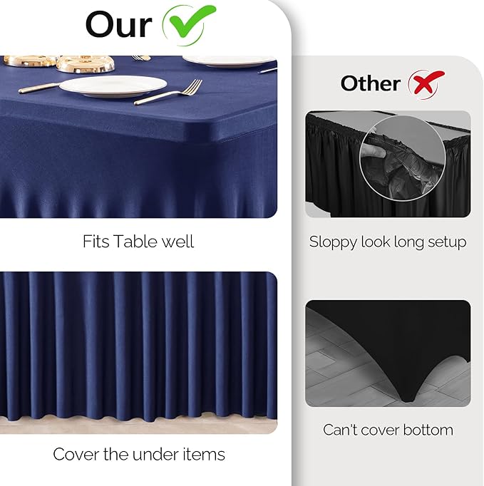 Wish Care 2 Pack Navy Blue Spandex Table Clothes for 4 Foot Rectangle Tables, 4FT Wrinkle Free Fitted Tablecloths Ruffles Design Table Cover for Party, Banquet, Wedding and Events