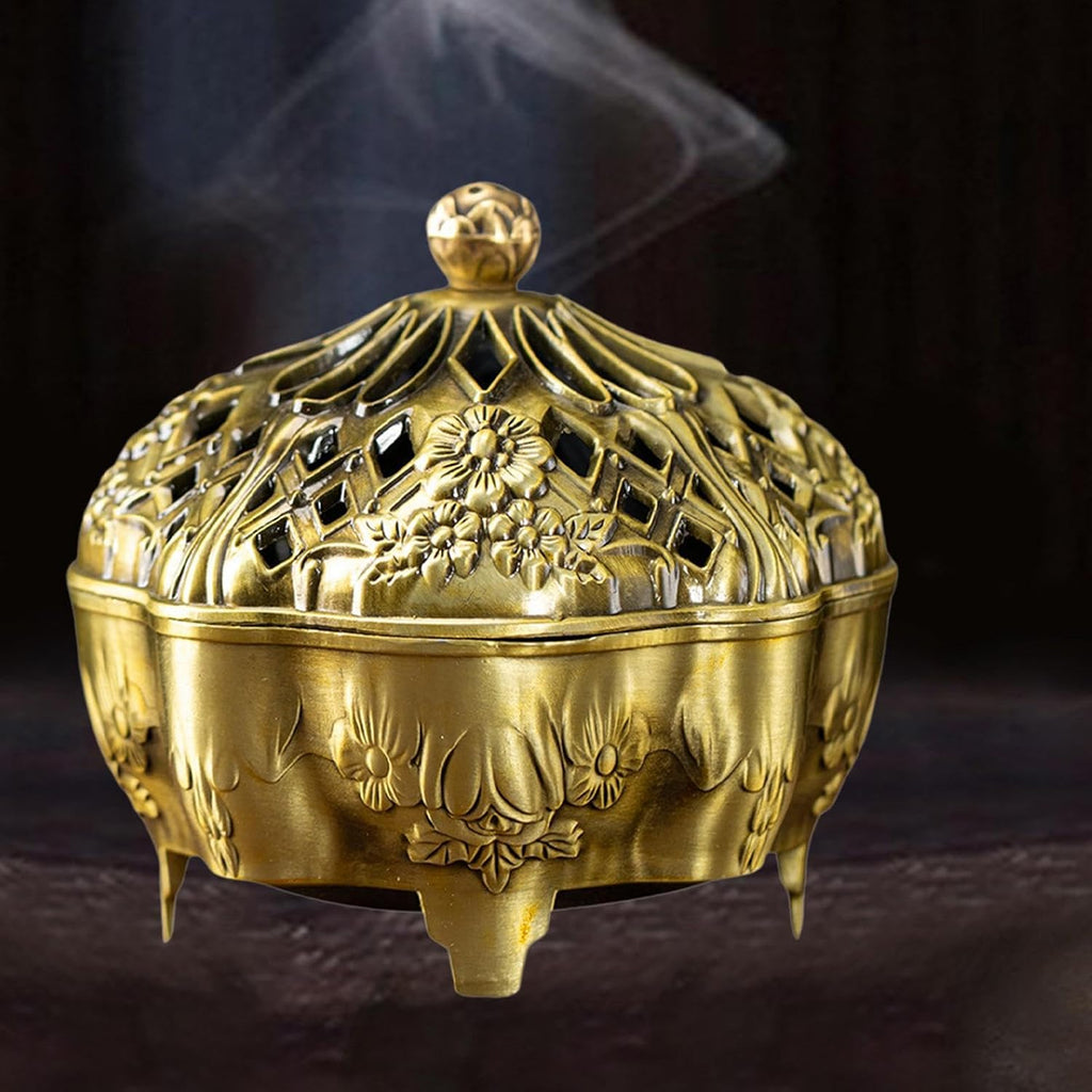 Brass Censer Bowl Holder with Lid Coil Cone Stick Accessory Traditional Round Base Patterned Craft Suitable for, Yellow