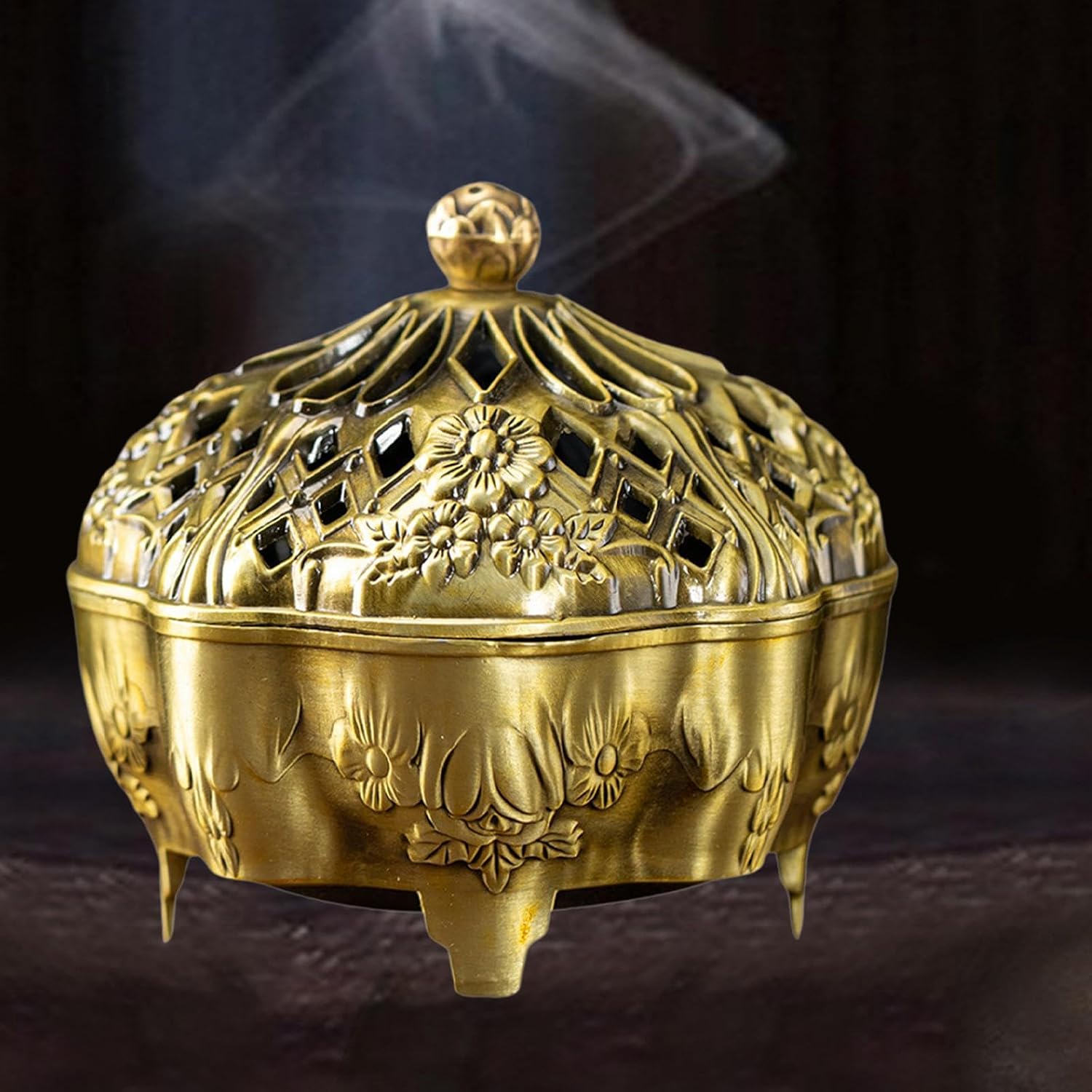Brass Censer Bowl Holder with Lid Coil Cone Stick Accessory Traditional Round Base Patterned Craft Suitable for, Yellow