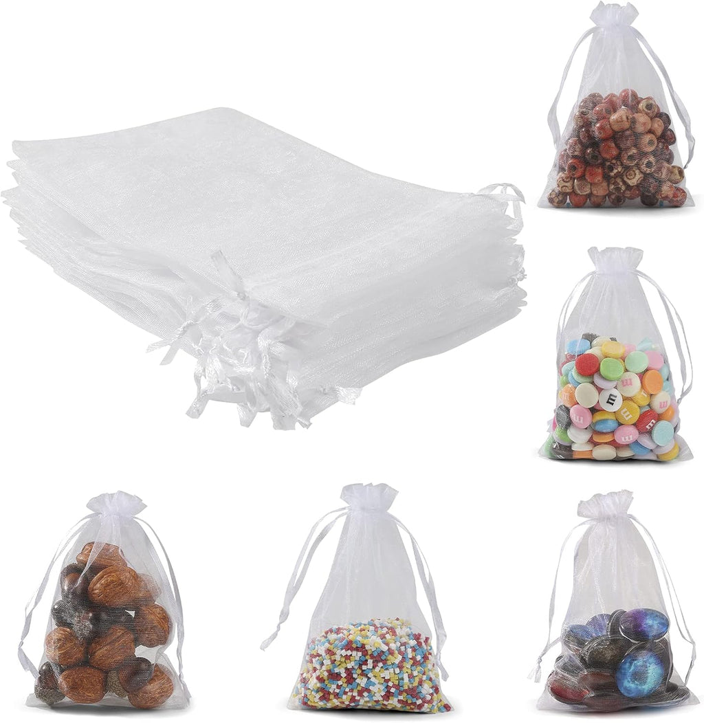 ANZNKU 50 Pack Organza Bags 4 x 6 inch White Small Gift Bag with Drawstring for Candy Jewelry Goodie Sachet Soap, Mesh Pouch Bulk for Wedding Party Favors Birthday Baby Bridal Shower & Graduation