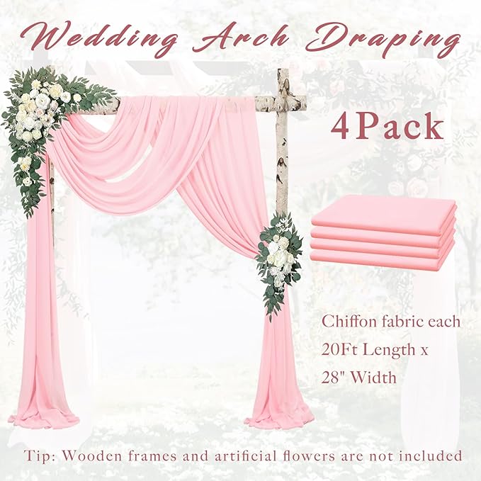 4 Panels Wedding Arch Draping Fabric 20Ft Length x 28" Width Light Pink Arch Drapes Chiffon Fabric Sheer Curtains Backdrop for Party Bridal Decor Wedding Ceremony Ceiling Stage Reception Decorations