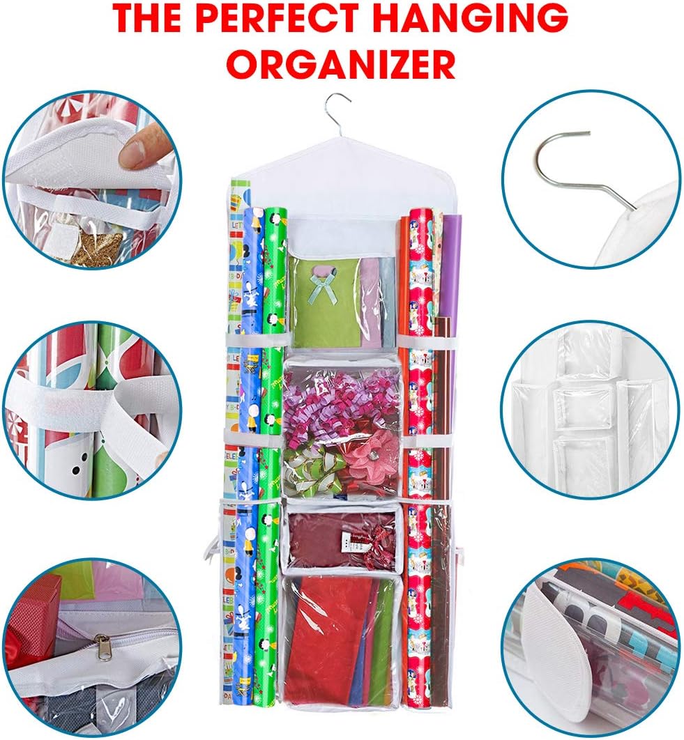 Wrapping Paper Storage Hanging Over the Door Gift Wrap Organizer Double Sided Front and Back Pockets Store Gift Wrap Gift Bags Ribbon Bows Accessories 40”x17” Fits Long 40 Inch Rolls (White)