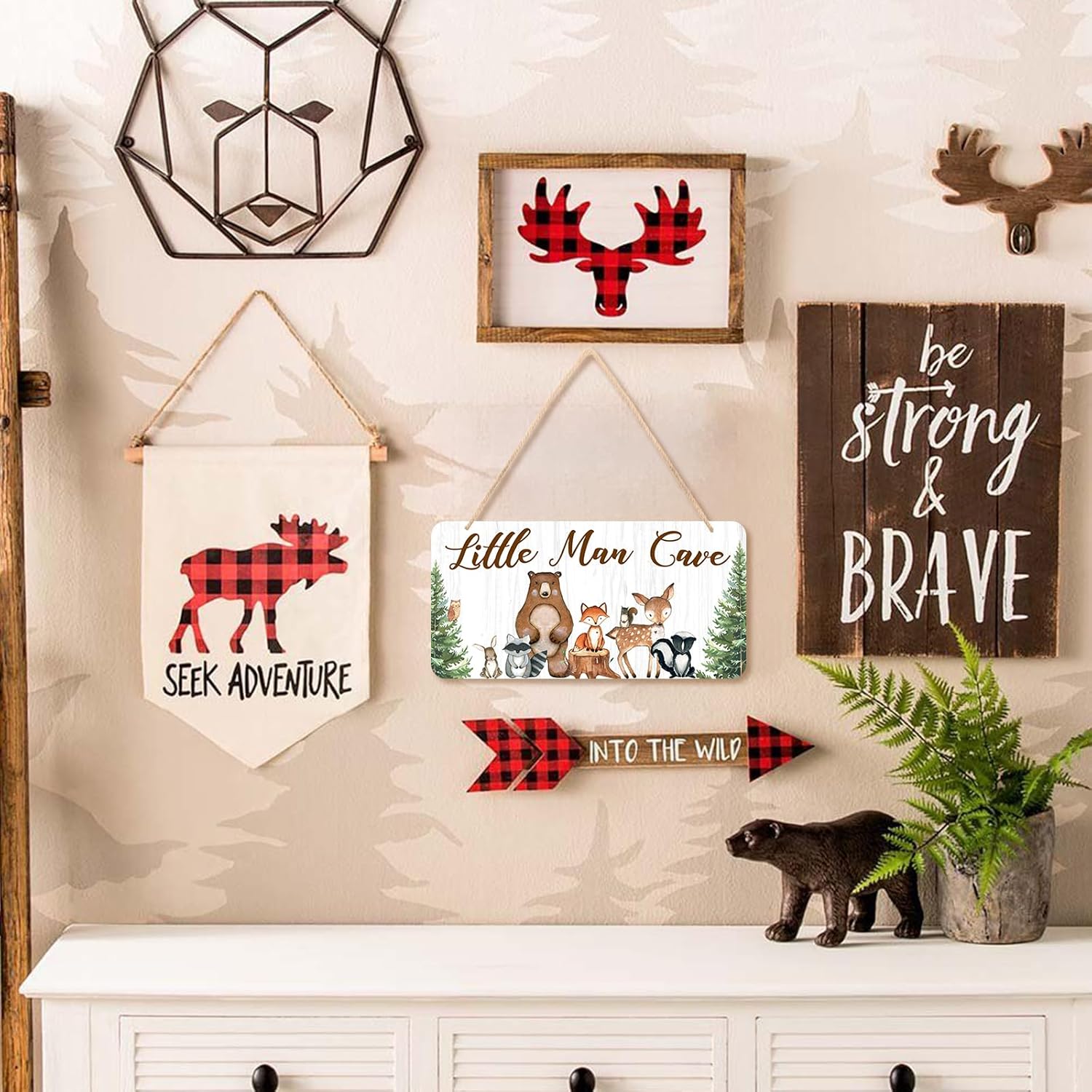 Uflashmi Wood Little Man Cave Sign, Woodland Animal Nursery Wall Decor for Baby Boys Room, Woodland Theme Nursery Room Decor for Toddler Boy, 12”x6”