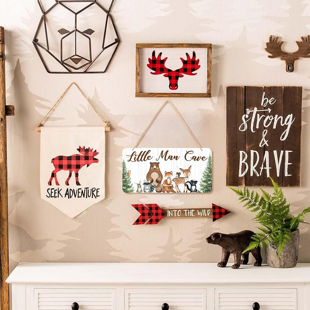Uflashmi Wood Little Man Cave Sign, Woodland Animal Nursery Wall Decor for Baby Boys Room, Woodland Theme Nursery Room Decor for Toddler Boy, 12”x6”