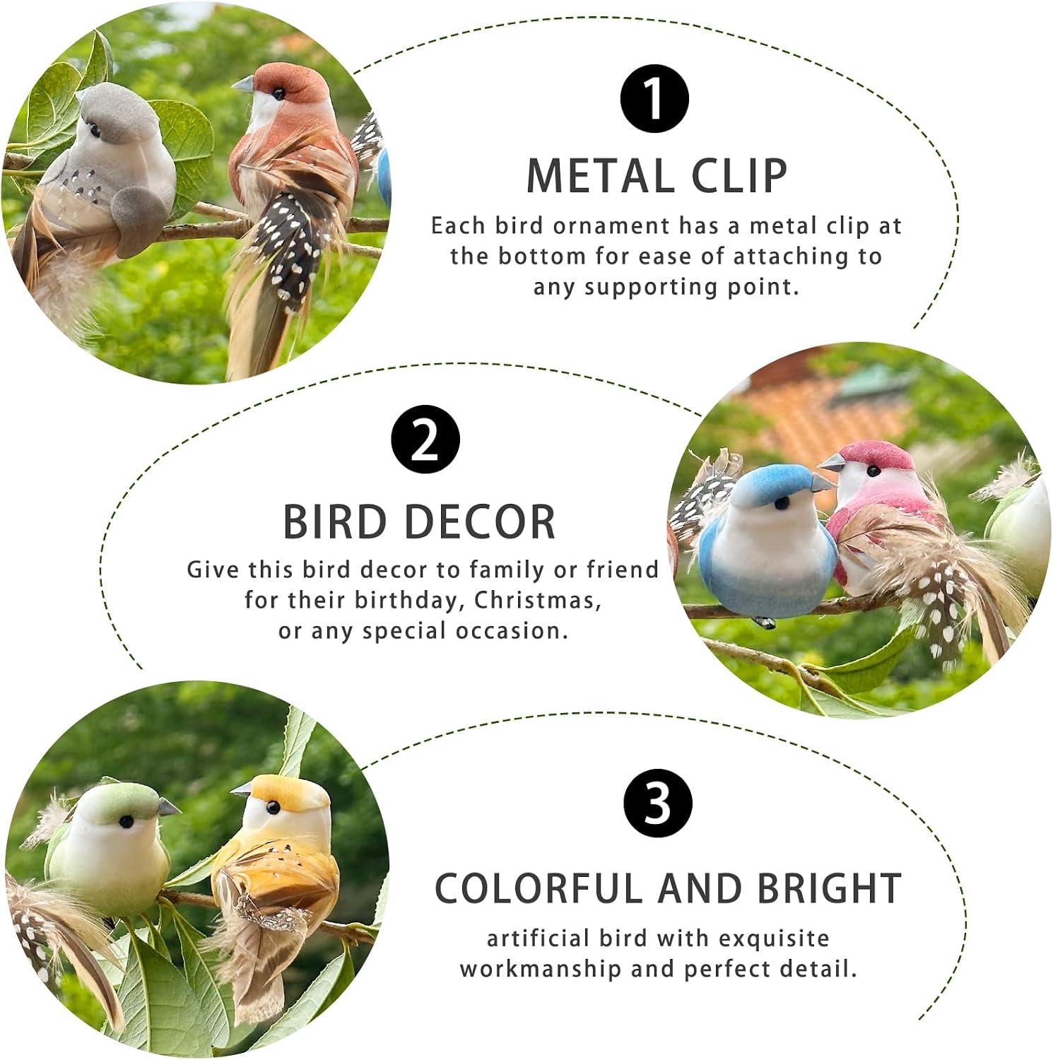 LWINGFLYER 4Inch Fake Birds Multicolor Clip on Bird Spring Feather Tree Ornaments for Wreaths Crafts Floral Arrangements Garden Birthday Party Decor