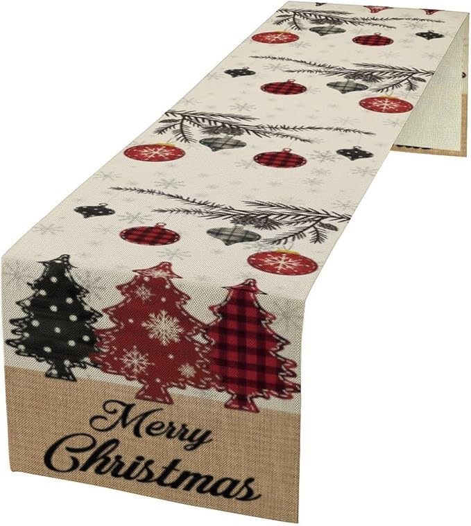 Merry Christmas Table Runner,Winter Xmas Holiday Kitchen Dining Table Decoration for Home Party Decor 13x90 Inch